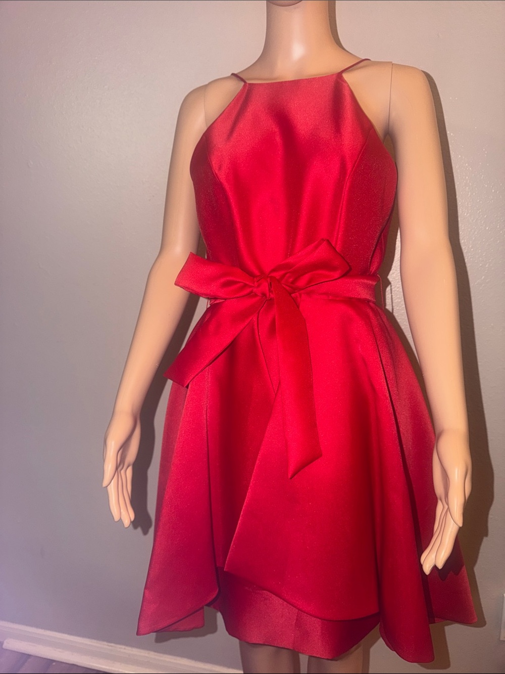 Gianni Bini Red Satin Halter Mini Dress with Waist Bow